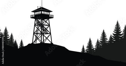 Forest fire lookout tower vector illustration, black silhouette watchtower on hilltop with pine trees landscape for wilderness safety, hiking, outdoor nature design