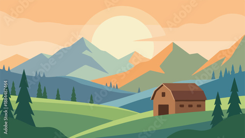 Countryside Landscape Illustration – Peaceful Rural Scene | mountain sunrise, green hills, pine trees, barn house, tranquil nature, scenic outdoors, warm tones