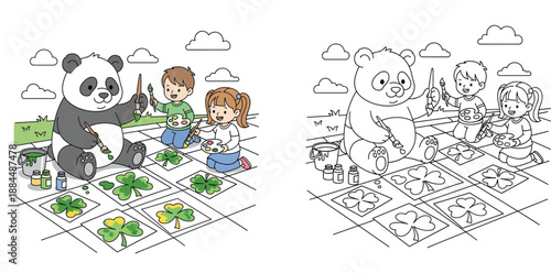 Cute cartoon panda and happy children painting green shamrocks on ground vector illustration for St. Patrick's Day celebration and art activity concept