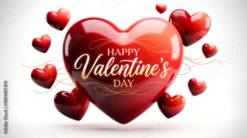 Luxury Valentine’s Day Background with Glossy Red Hearts and Gradient Calligraphy Text
