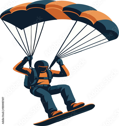 Skydiver with Parachute Landing on Snowboard skydiving