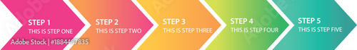 5 Step Process Infographic Vector Template. Colorful Chevron Arrow Progress Flowchart, Horizontal Business Roadmap and Timeline Design with Step One to Five Text Placeholders