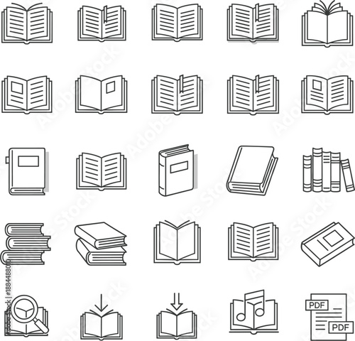Professional vector icons for books literature library management and digital e-book reading services.