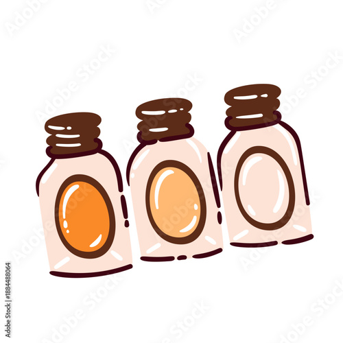 Hotel bathroom amenities bottles set for guest room, hospitality detail for hotel service and spa comfort. Mini cosmetic containers as hotel amenities element, cartoon doodle vector illustration.