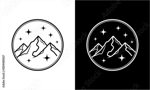 Minimalist Mountain and Stars Circle Logo Design.