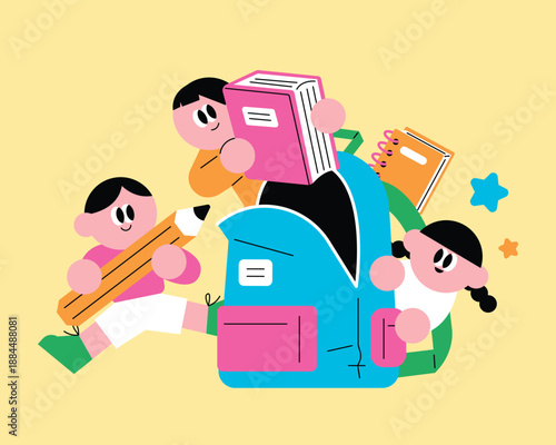 Happy children preparing for school with giant backpack and stationery flat illustration