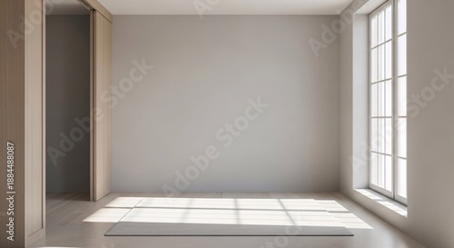 Bright and empty minimalist room with natural sunlight flooding through a large window, ready for new design and personal touch