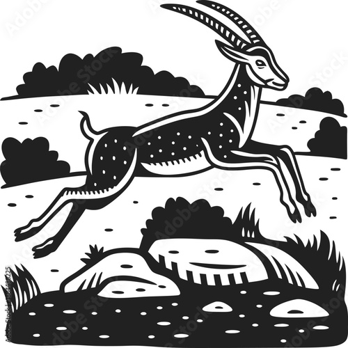 Graceful antelope leaping over rocks in wild landscape agile gazelle jumping across rocky terrain with bushes and grass