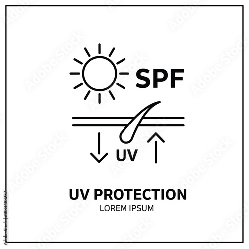 : Professional vector icon for UV protection SPF skincare dermatology and sun defense technical product labeling.