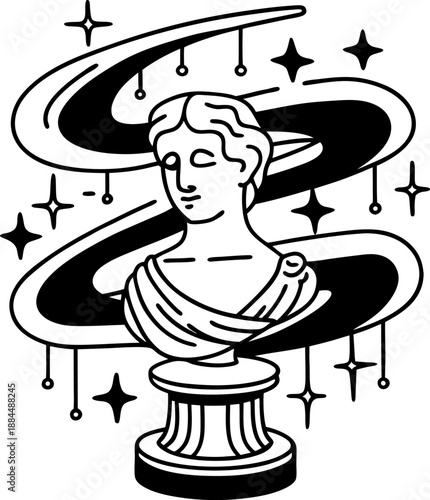classical female bust with swirling cosmic ribbon and hanging stars mythological sculpture fusion of ancient art and celestial universe
