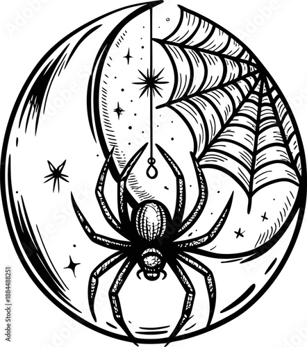 spider hanging on web against crescent moon night sky illustration with stars, arachnid silhouette, mystical dark fantasy design