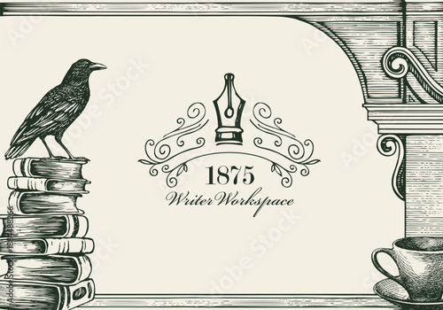 Vector banner on the theme of library, writers with a sketch and place for text. Vintage illustration with nar antique architecture, books, and old raven. Cover for a book, magazine. Postcard. No ai