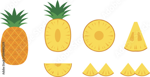 Flat pineapple fruit illustration set with whole sliced pieces isolated on white background vector design