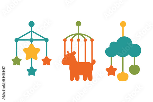 Colorful Baby Mobile Toy Illustrations with Stars, Cloud, and Animal Shapes