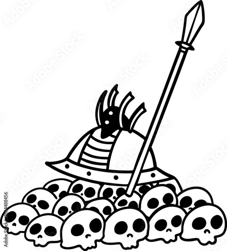 Ancient warrior helmet and spear on pile of skulls symbolizing battle, death, and conquest