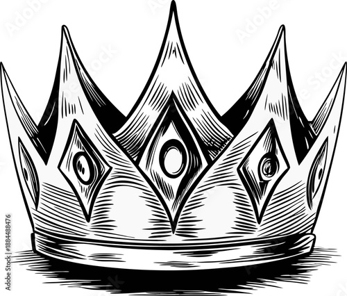 Intricately detailed vintage crown illustration with pointed arches and ornamental jewels in black and white engraving
