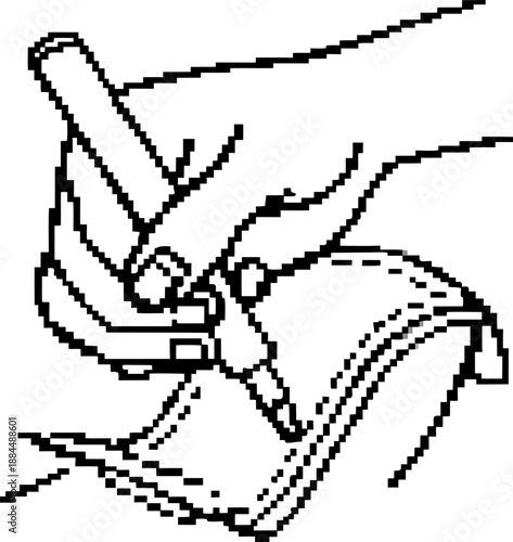 Hand holding a pen writing on a notepad with lined pages, close up sketch illustration