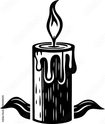 burning candle with dripping wax and stylized flame on white background