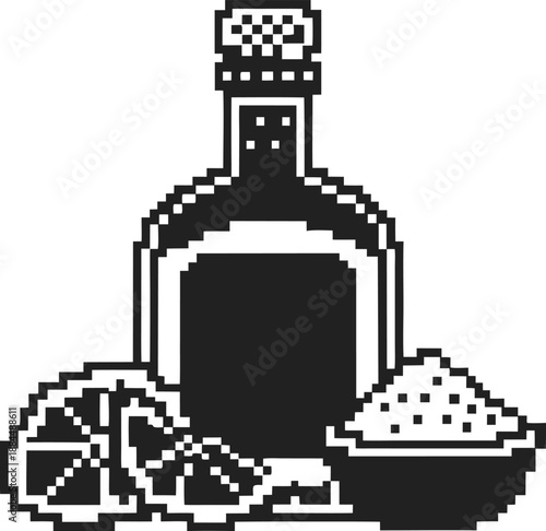 Pixel art bottle with citrus slices and bowl of salt in black and white illustration