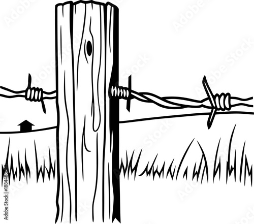 barbed wire fence with wooden post in countryside field, rural landscape silhouette with house