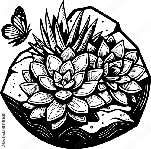 Black and white succulent plants with spiky leaves and butterfly on rock illustration