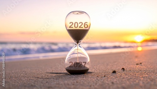Hourglass on Sandy Beach at Sunset Representing Time Transition from 2026 to 2027