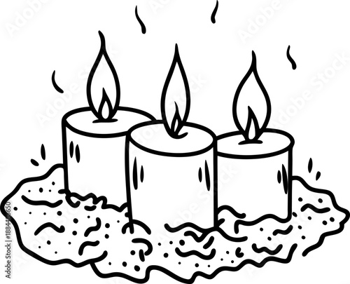 Three lit candles with melting wax pool, hand drawn black and white illustration of glowing flames and heat smoke