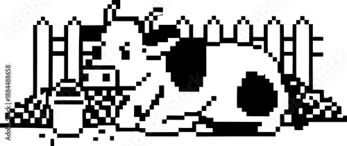 Pixel art black and white cow lying on grass near wooden fence and milk bottle, retro farm illustration