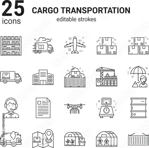 Professional vector icons for cargo transportation logistics shipping and global supply chain management services.