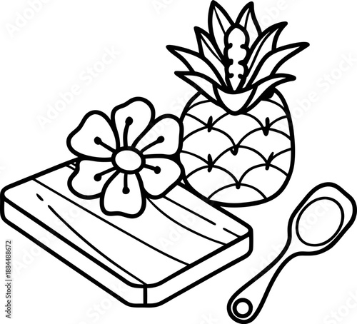 Tropical pineapple themed wooden cutting board with spoon and flower decoration outline drawing