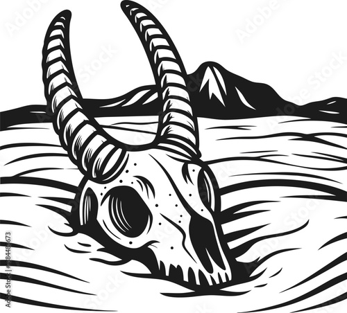 goat skull with horns buried in desert sand with distant mountain landscape