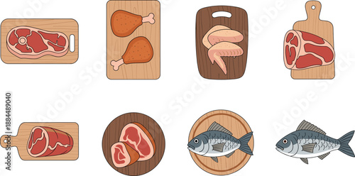 Fresh raw meat cuts and fish on wooden cutting boards vector illustration set for butchery and cooking.