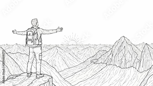 Man standing on mountain peak with arms outstretched celebrating success.