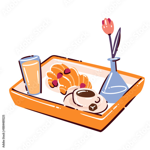 Hotel breakfast room service tray with croissant, coffee cup, juice glass and flower vase, luxury hotel service symbol for hospitality. Breakfast tray vector illustration in simple cartoon design.