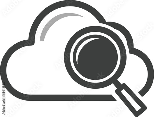 Cloud computing icon with magnifying glass for data search online storage analysis and internet technology network concepts.