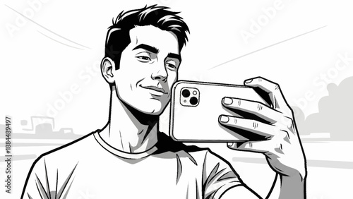 Man taking a selfie with his smartphone outdoors.