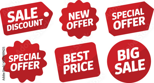 Red sale and discount tags advertise special offers and best prices for promotions.