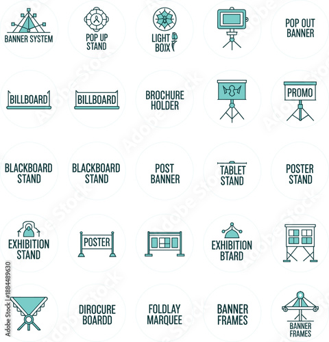 Professional vector icons of exhibition display stands promotional banners signage and event marketing equipment.