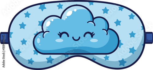 Cute blue sleep mask with smiling cloud and star pattern for wellness relaxation and healthy bedtime sleep concepts.