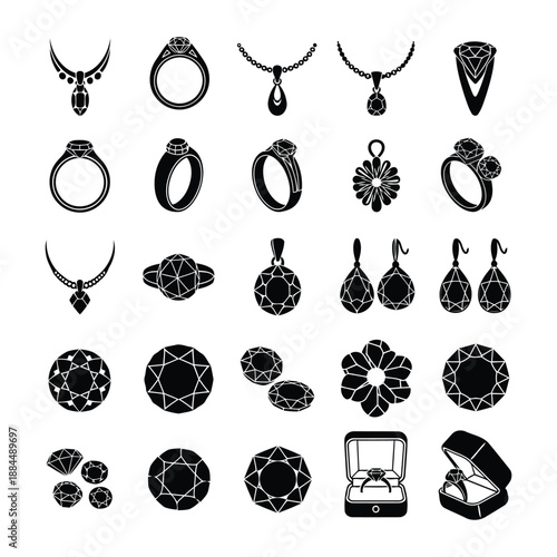 black and white jewelry icons set with rings and gemstones