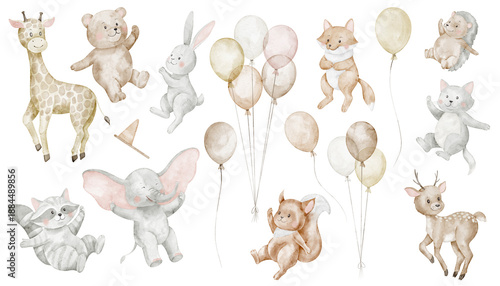 Wallpaper Mural Flying Animals watercolor Baby clipart set with balloons in pastel beige colors for Baby shower greeting cards or childish Birthday invitations. Art with teddy bear and rabbit for nursery posters. Torontodigital.ca