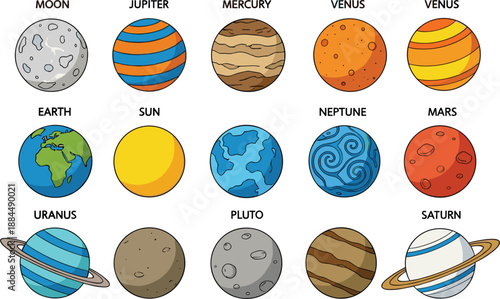 Hand drawn solar system planet collection including Earth Mars Saturn and Sun for astronomy education and space concepts.