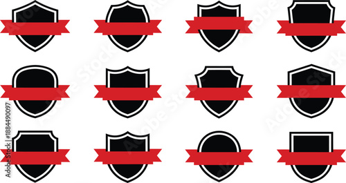 A collection of twelve black shield emblems featuring prominent red horizontal.