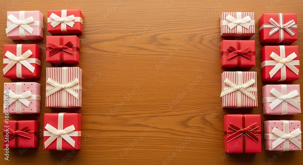 Fototapeta premium Arrangement of red and pink gift boxes with bows on a warm wooden background