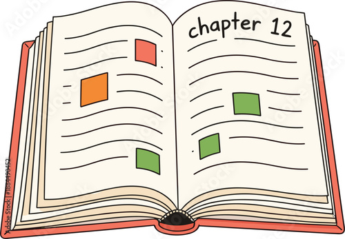 Open school textbook with chapter twelve text and colorful diagram placeholders for academic learning and education study concepts.