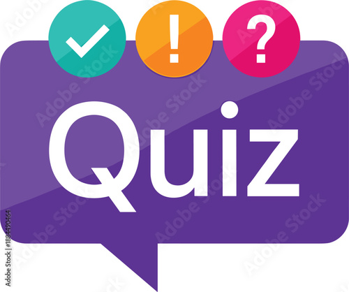 Purple speech bubble quiz logo with check mark exclamation point and question mark icons for trivia and education.