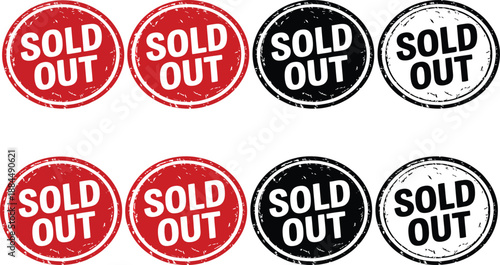 Circular grunge stamps indicate sold out status in red and black colors.