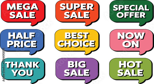 Multiple colorful speech bubbles contain various marketing messages for sales.