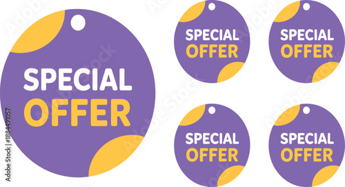 Circular purple tags display the words special offer in yellow text.