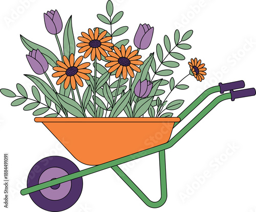Garden wheelbarrow filled with colorful flowers and plants, spring gardening concept, flat vector illustration